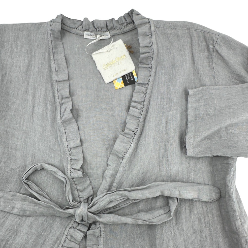 CobbleStone Living‎ Anabelle Grey Linen Ruffle Tie Front Cardigan One Size NWT